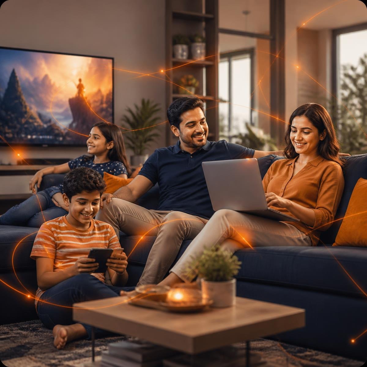 Family enjoying fast internet together at home